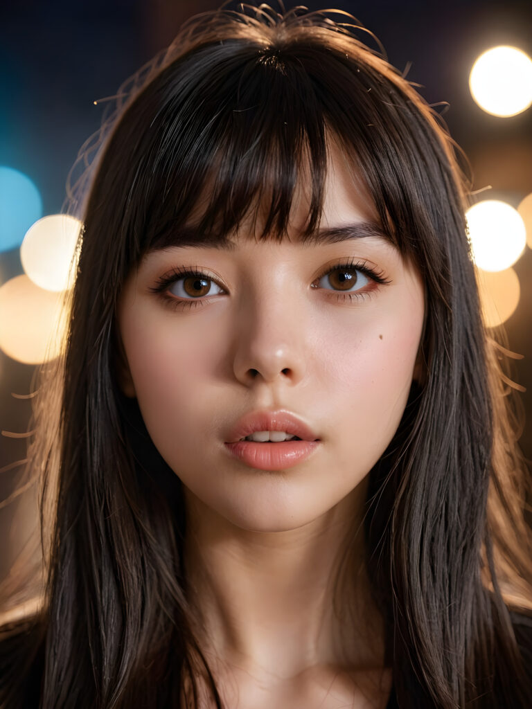 create a detailed and masterpice of close-up portrait: a teen girl, long, black soft straight hair, bangs, she looks astonished and her mouth is slightly open, ((her eyes are light brown)) ((full lips)) perfect shadows and light