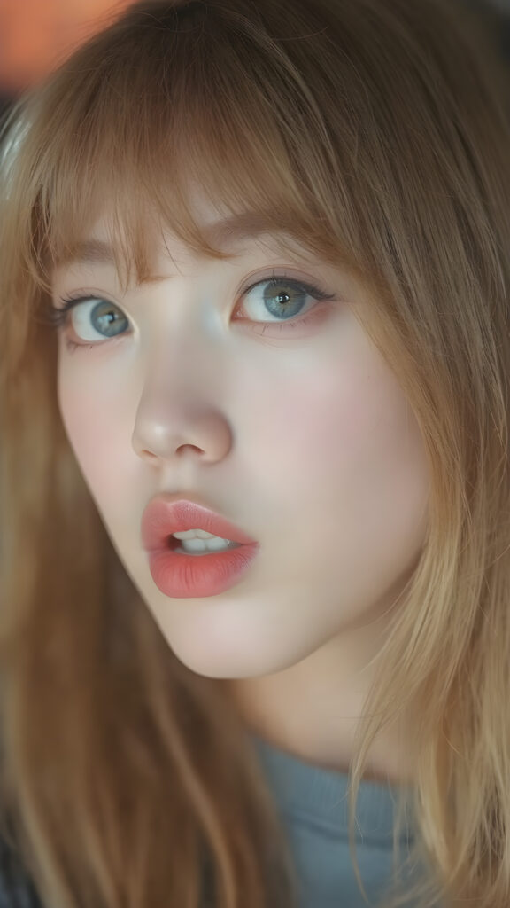 create a detailed and masterpice of (side view) portrait: a Japanese teen girl, long blond soft straight hair, bangs, she looks astonished and her mouth is slightly open, ((her eyes are light blue)) ((full red lips)) ((round face)) perfect shadows and light