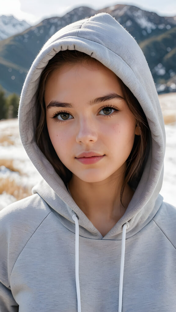 create a masterpice of image: a young gorgeous and stunning girl, dressed in a (vivid grey hoodie) (white landscape in the background)