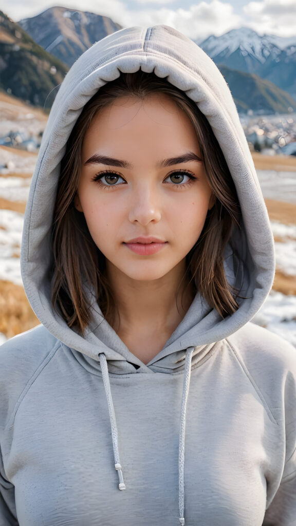 create a masterpice of image: a young gorgeous and stunning girl, dressed in a (vivid grey hoodie) (white landscape in the background)