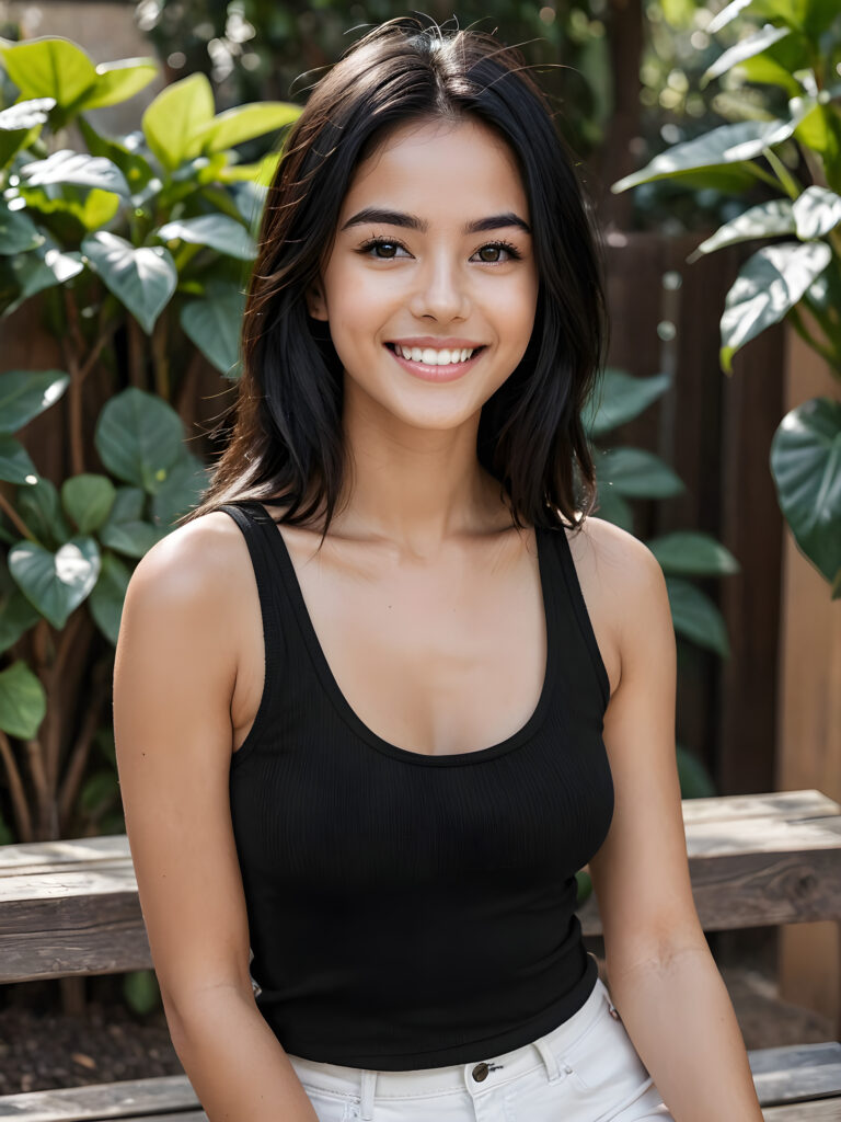 create a (portrait) of a (((beautiful))) (((girl))) with a delicate (face). She has (((long, straight black hair))) and (((white teeth))). Her (((eyes are dark brown))) and she has (((dark eyelashes))). She is (happy) and (smiling). She is wearing (short) (((black tank top))) (((without a sweater))), sitting on a wooden bench in a (garden). (((The image should be in (8K resolution) and the background should be (plain black) with a (minimalist aesthetic).)))