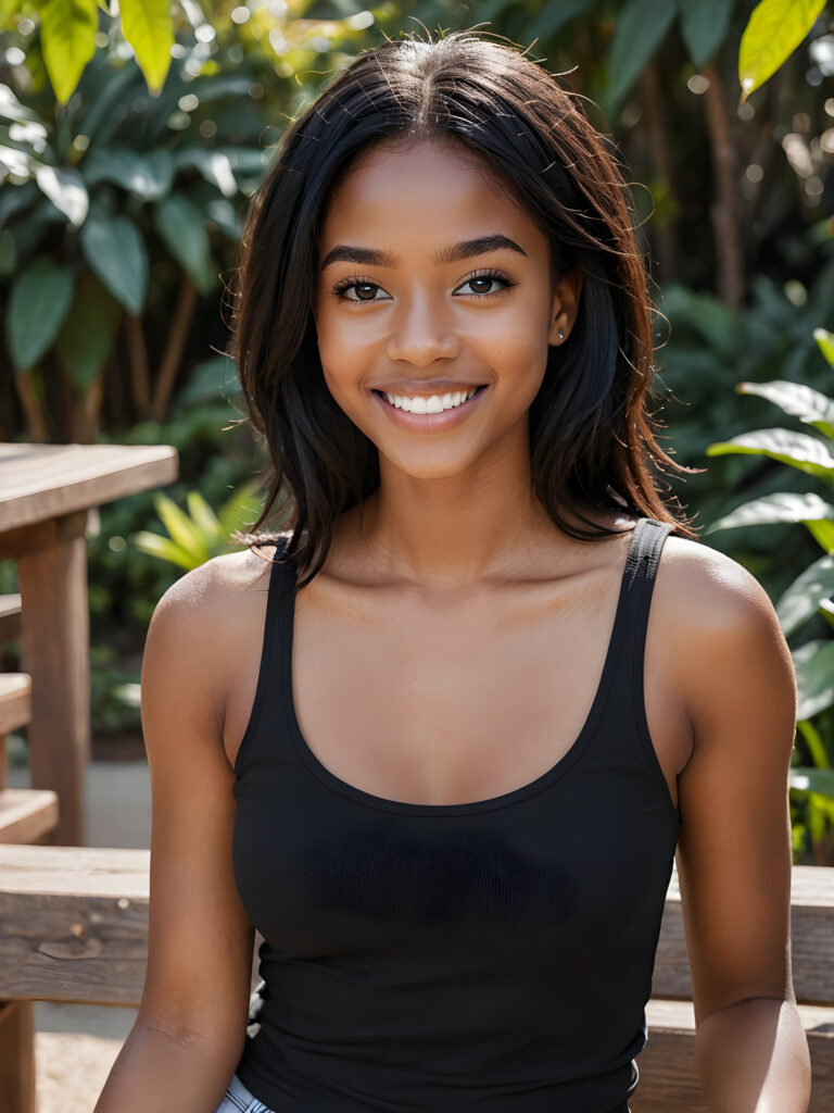 create a (portrait) of a (((beautiful))) (((melanin girl))) with a delicate (face). She has (((long, straight black hair))) and (((white teeth))). Her (((eyes are dark brown))) and she has (((dark eyelashes))). She is (happy) and (smiling). She is wearing (short) (((black tank top))) (((without a sweater))), sitting on a wooden bench in a (garden). (((The image should be in (8K resolution) and the background should be (plain black) with a (minimalist aesthetic).)))