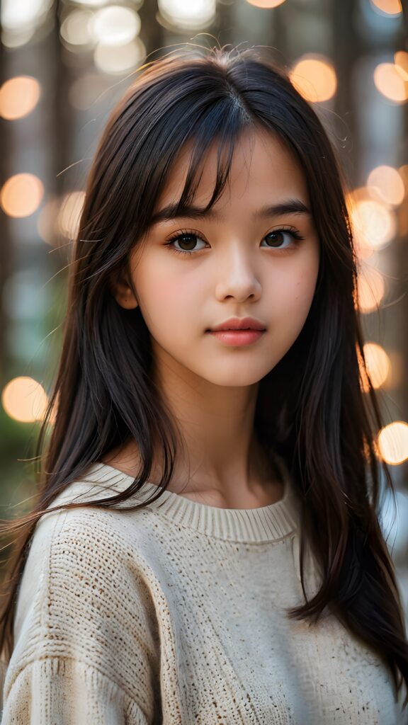 create a portrait of a cute, beautiful, sweet, kind, adorable, breathtaking, delicate, pretty, graceful, elegant, 15-year-old girl with long, straight, silky black hair, bangs, light brown eyes, full lips, wearing a warm sweater. (((The background is slightly blurred)))