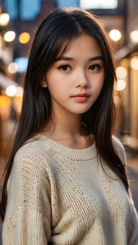 create a portrait of a cute, beautiful, sweet, kind, adorable, breathtaking, delicate, pretty, graceful, elegant, 15-year-old girl with long, straight, silky black hair, bangs, light brown eyes, full lips, wearing a warm sweater. (((The background is slightly blurred)))