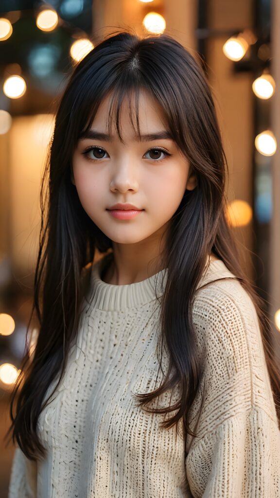 create a portrait of a cute, beautiful, sweet, kind, adorable, breathtaking, delicate, pretty, graceful, elegant, 15-year-old girl with long, straight, silky black hair, bangs, light brown eyes, full lips, wearing a warm sweater. (((The background is slightly blurred)))