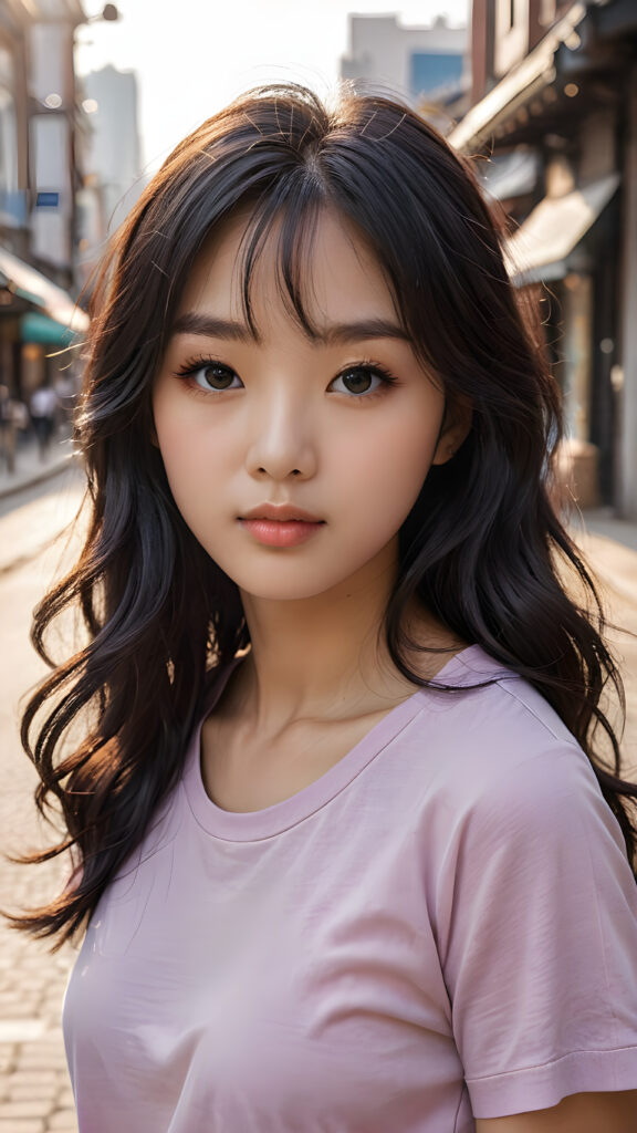 create a realistic photo of a thoughtful (((cute and petite Korean girl))) with detailed long, softly curled obsidian black straight hair that reaches below her waist and bangs that cut to the side, shiny and beautiful. Her lips are soft in deep grey, her eyes shine like jewels in the sun, and her skin is white with a hint of pink. She wears a form-fitting light violet t-shirt. The background is a blurry city street bathed in the warm light of early morning or late afternoon