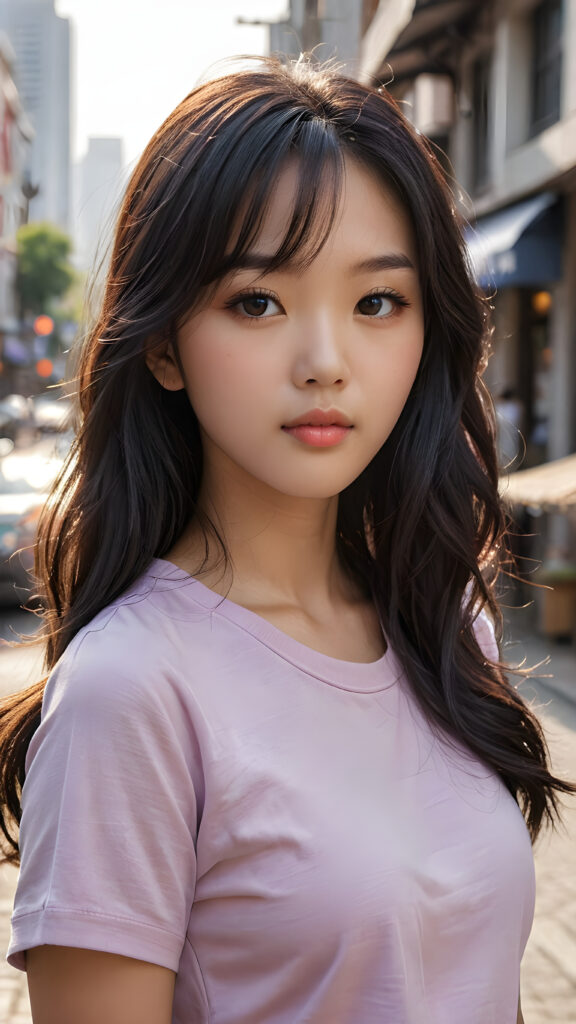 create a realistic photo of a thoughtful (((cute and petite Korean girl))) with detailed long, softly curled obsidian black straight hair that reaches below her waist and bangs that cut to the side, shiny and beautiful. Her lips are soft in deep grey, her eyes shine like jewels in the sun, and her skin is white with a hint of pink. She wears a form-fitting light violet t-shirt. The background is a blurry city street bathed in the warm light of early morning or late afternoon