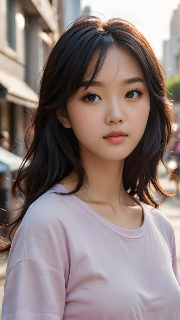 create a realistic photo of a thoughtful (((cute and petite Korean girl))) with detailed long, softly curled obsidian black straight hair that reaches below her waist and bangs that cut to the side, shiny and beautiful. Her lips are soft in deep grey, her eyes shine like jewels in the sun, and her skin is white with a hint of pink. She wears a form-fitting light violet t-shirt. The background is a blurry city street bathed in the warm light of early morning or late afternoon