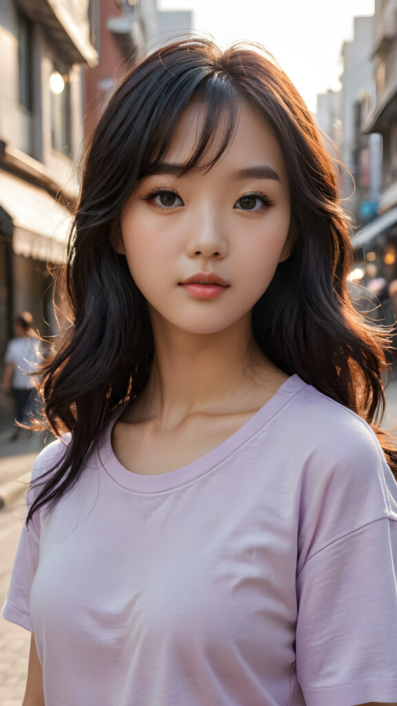 create a realistic photo of a thoughtful (((cute and petite Korean girl))) with detailed long, softly curled obsidian black straight hair that reaches below her waist and bangs that cut to the side, shiny and beautiful. Her lips are soft in deep grey, her eyes shine like jewels in the sun, and her skin is white with a hint of pink. She wears a form-fitting light violet t-shirt. The background is a blurry city street bathed in the warm light of early morning or late afternoon