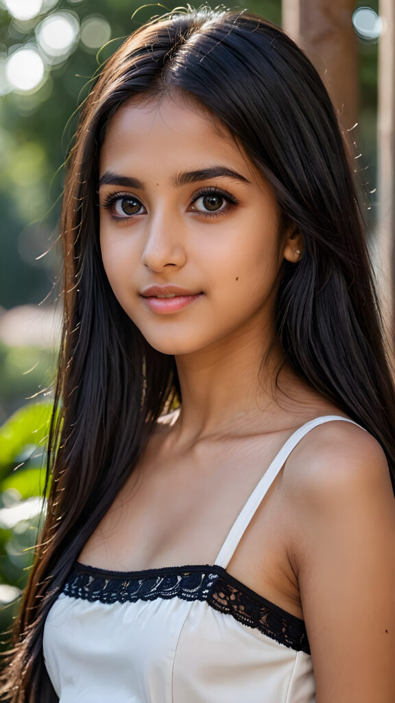 a young beautiful cute Pakistani teen girl, 15 years old, warm smile, dimmed light falls on her, she has long (((black straight hair))) (her hair falls on her shoulders), and dark realistic eyes, ((angelic round face)), grey background, perfect shadows, she wears (a ((white short and tight crop top))), perfect curved fit body, she looks seductively at the viewer and smiles slightly, upper body, flawless skin, ((side profile)) ((ultra realistic photo)) ((stunning)) ((gorgeous)) ((4k))