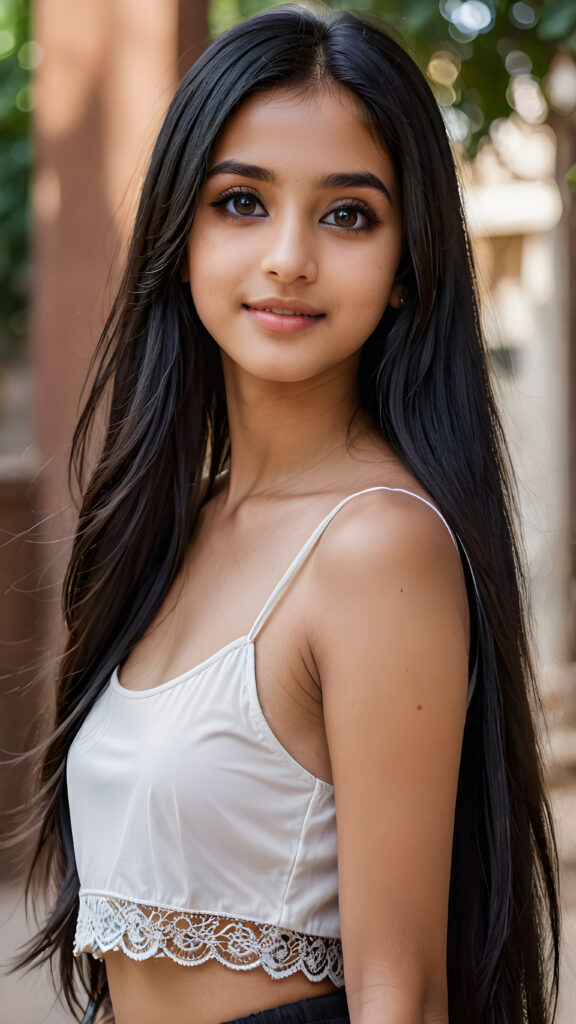 a young beautiful cute Pakistani teen girl, 15 years old, warm smile, dimmed light falls on her, she has long (((black straight hair))) (her hair falls on her shoulders), and dark realistic eyes, ((angelic round face)), grey background, perfect shadows, she wears (a ((white short and tight crop top))), perfect curved fit body, she looks seductively at the viewer and smiles slightly, upper body, flawless skin, ((side profile)) ((ultra realistic photo)) ((stunning)) ((gorgeous)) ((4k))