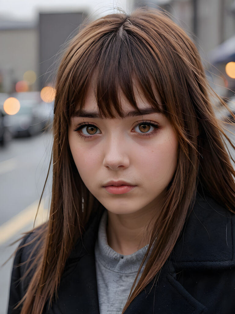 create detailed pictures: a (((teen emo girl with long, soft brown straight hair in bangs and amber eyes, exuding a sense of sadness and loneliness, tears streaming down her face, black coat, (grey background)