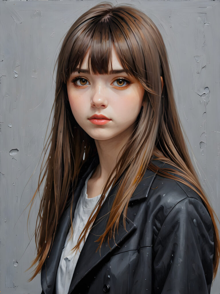 create detailed pictures: a (((teen emo girl with long, soft brown straight hair in bangs and amber eyes, exuding a sense of sadness and loneliness, black coat, (grey background) ((stunning)) ((gorgeous)) ((cute))