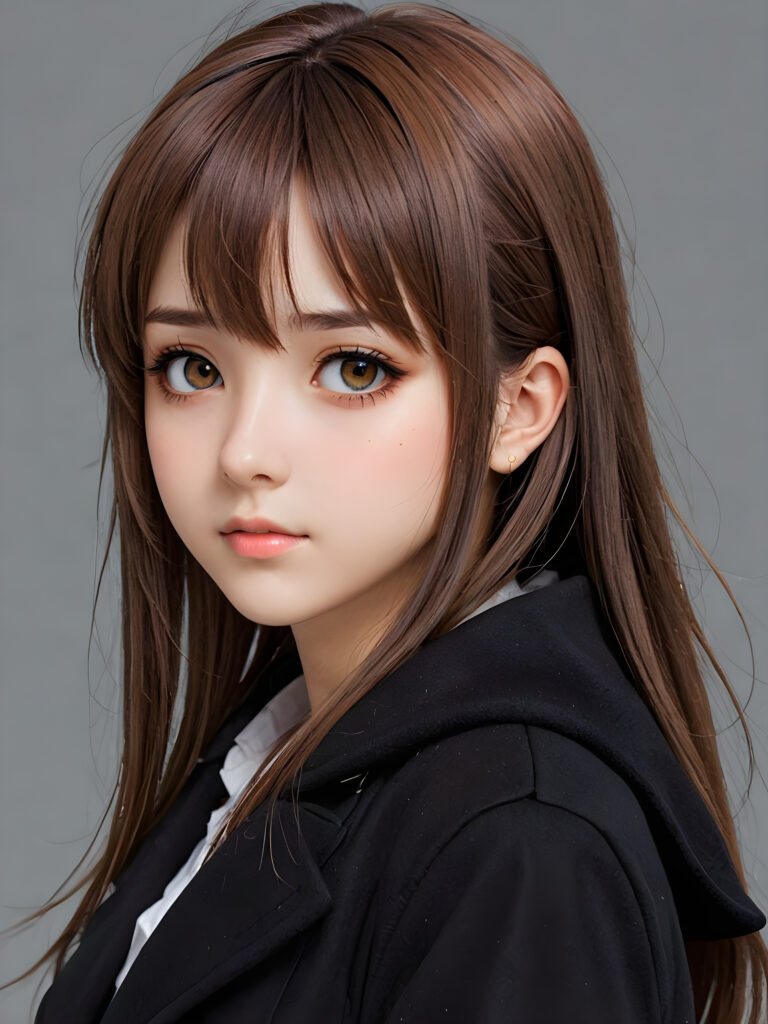 create detailed pictures: a (((teen emo girl with long, soft brown straight hair in bangs and amber eyes, exuding a sense of sadness and loneliness, black coat, (grey background) ((stunning)) ((gorgeous)) ((cute))