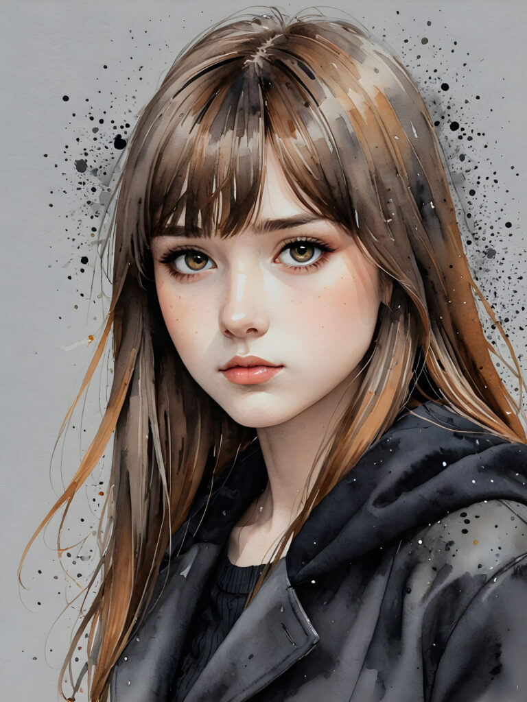 create detailed pictures: a (((teen emo girl with long, soft brown straight hair in bangs and amber eyes, exuding a sense of sadness and loneliness, black coat, (grey background) ((stunning)) ((gorgeous)) ((cute))