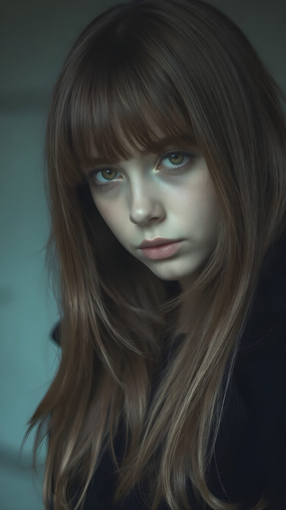 create detailed pictures: a (((teen emo girl with long, soft brown straight hair in bangs and amber eyes, exuding a sense of sadness and loneliness, tears streaming down her face, black coat, (grey background)