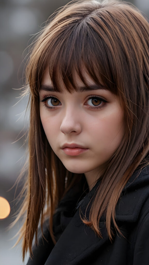 create detailed pictures: a (((teen emo girl with long, soft brown straight hair in bangs and amber eyes, exuding a sense of sadness and loneliness, tears streaming down her face, black coat, (grey background)