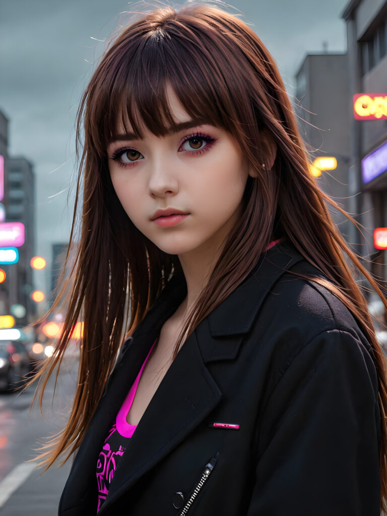 create detailed pictures: a (((teen emo girl with long, soft brown straight hair in bangs and amber eyes, exuding a sense of sadness and loneliness, black coat, (grey background) ((stunning)) ((gorgeous)) ((cute))