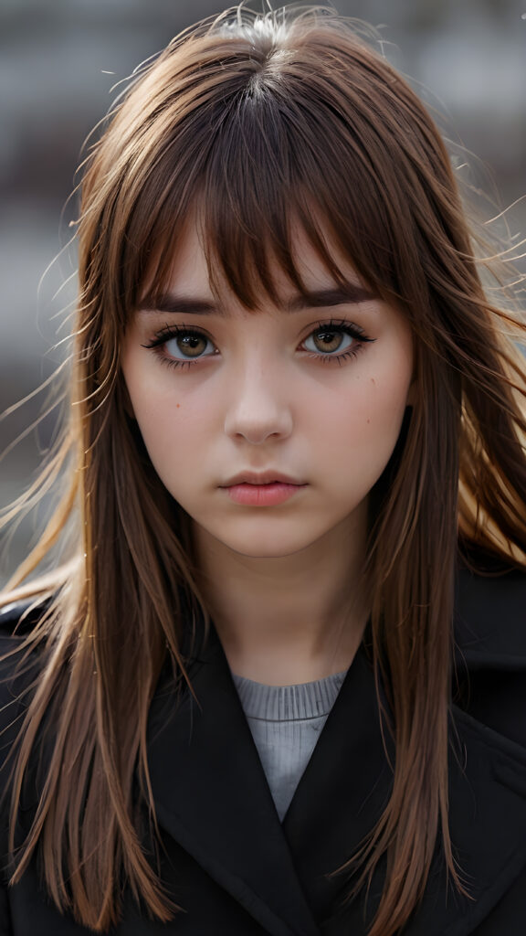 create detailed pictures: a (((teen emo girl with long, soft brown straight hair in bangs and amber eyes, exuding a sense of sadness and loneliness, tears streaming down her face, black coat, (grey background)