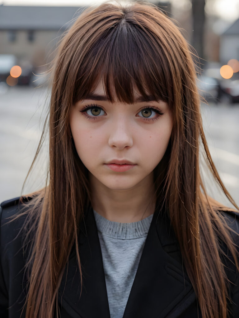 create detailed pictures: a (((teen emo girl with long, soft brown straight hair in bangs and amber eyes, exuding a sense of sadness and loneliness, tears streaming down her face, black coat, (grey background)