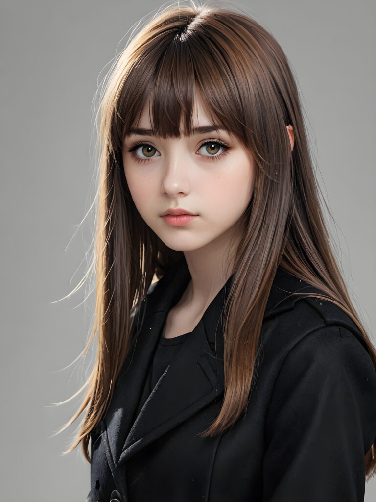 create detailed pictures: a (((teen emo girl with long, soft brown straight hair in bangs and amber eyes, exuding a sense of sadness and loneliness, black coat, (grey background) ((stunning)) ((gorgeous)) ((cute))