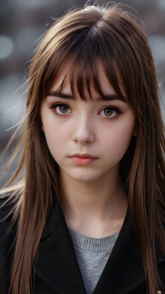 create detailed pictures: a (((teen emo girl with long, soft brown straight hair in bangs and amber eyes, exuding a sense of sadness and loneliness, tears streaming down her face, black coat, (grey background)