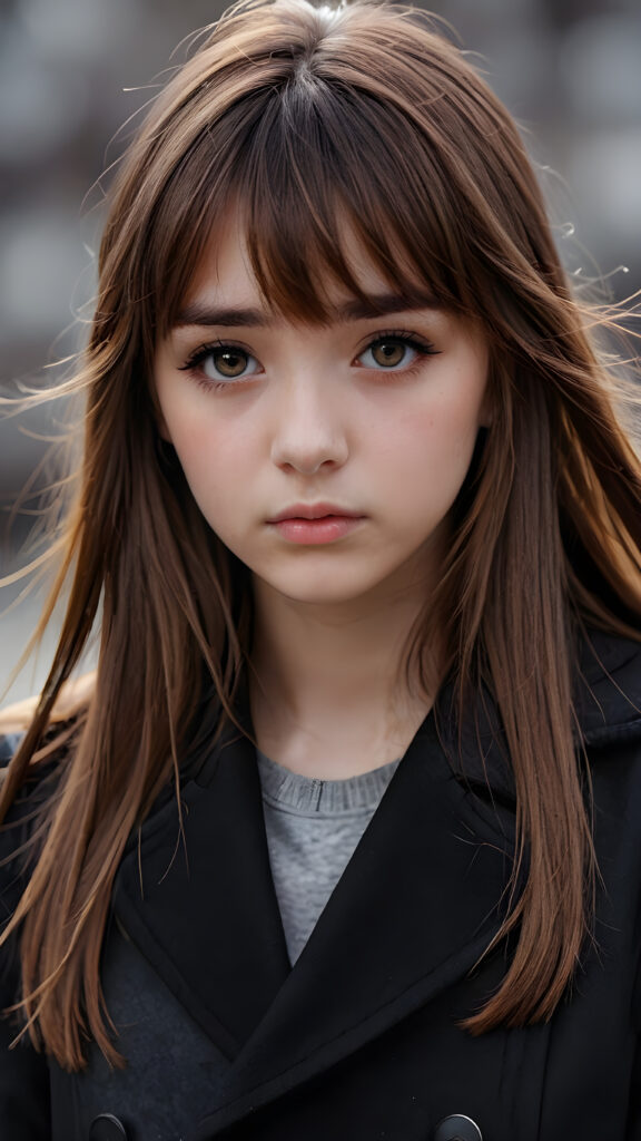 create detailed pictures: a (((teen emo girl with long, soft brown straight hair in bangs and amber eyes, exuding a sense of sadness and loneliness, tears streaming down her face, black coat, (grey background)