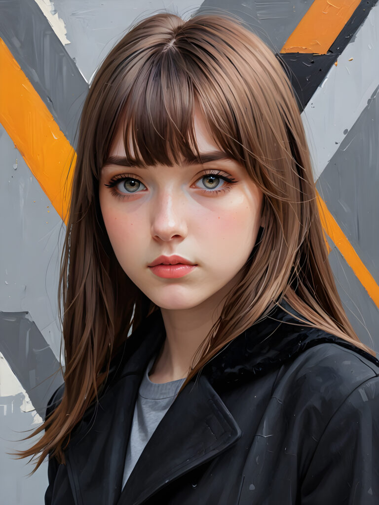 create detailed pictures: a (((teen emo girl with long, soft brown straight hair in bangs and amber eyes, exuding a sense of sadness and loneliness, black coat, (grey background) ((stunning)) ((gorgeous)) ((cute))