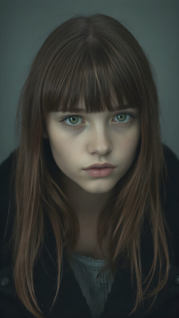 create detailed pictures: a (((teen emo girl with long, soft brown straight hair in bangs and amber eyes, exuding a sense of sadness and loneliness, tears streaming down her face, black coat, (grey background)