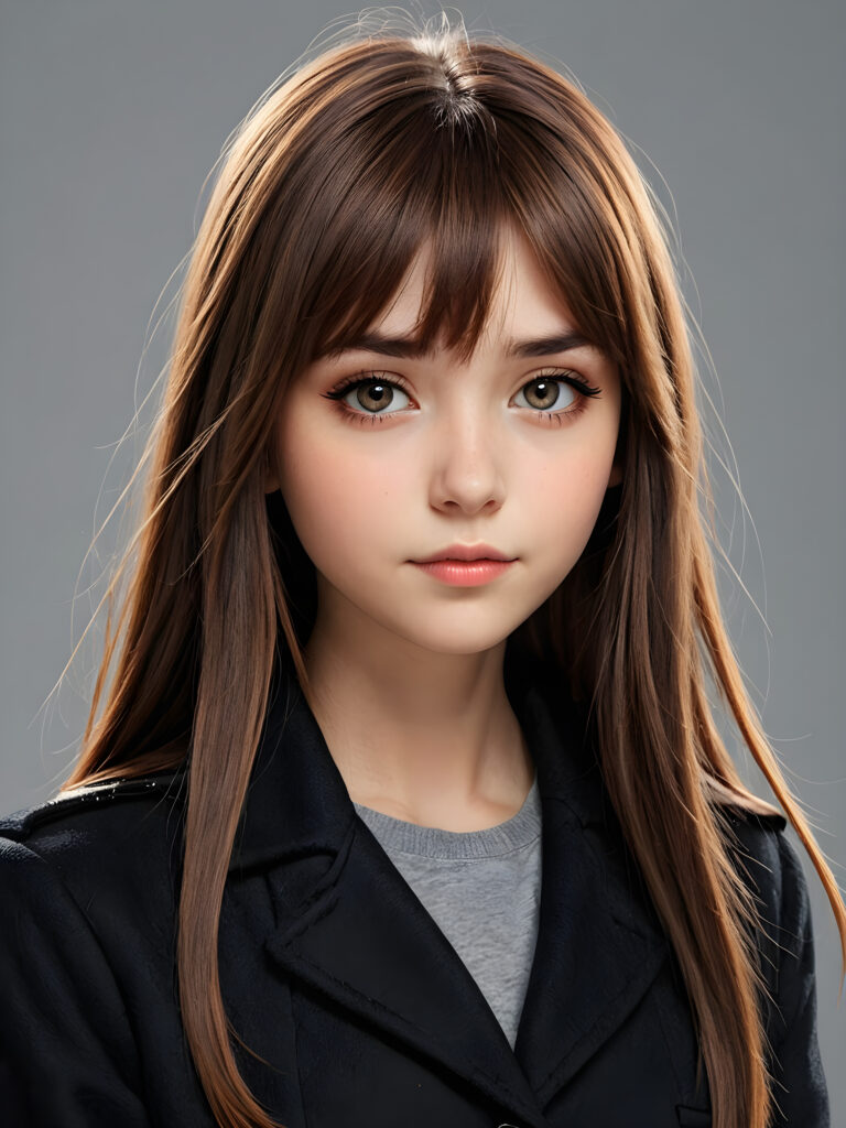 create detailed pictures: a (((teen emo girl with long, soft brown straight hair in bangs and amber eyes, exuding a sense of sadness and loneliness, black coat, (grey background) ((stunning)) ((gorgeous)) ((cute))