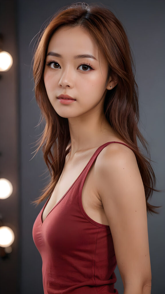 create me a portrait from a young busty Oriental teen girl, straight soft detailed shoulder long jet light auburn hair, realistic detailed angelic round face, beautiful detailed eyes, brown iris, portrait shot, perfect curved body, ((low cut tight plain light red tank top with deep v-neck, open front)), perfect anatomy, side perspective, ((dark, plain backdrop))