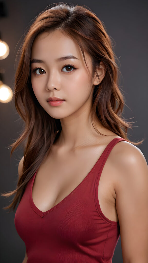 create me a portrait from a young busty Oriental teen girl, straight soft detailed shoulder long jet light auburn hair, realistic detailed angelic round face, beautiful detailed eyes, brown iris, portrait shot, perfect curved body, ((low cut tight plain light red tank top with deep v-neck, open front)), perfect anatomy, side perspective, ((dark, plain backdrop))