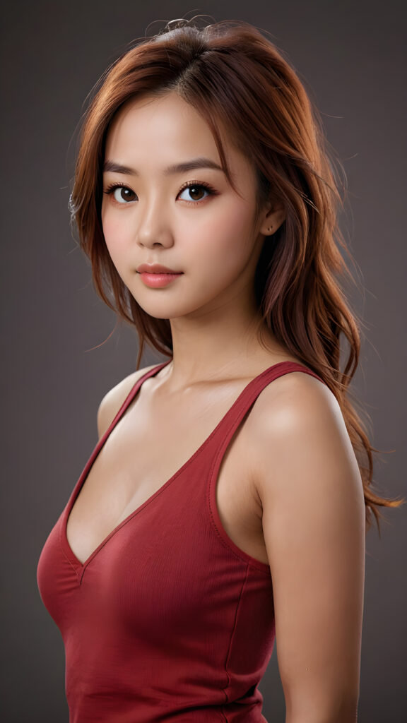 create me a portrait from a young busty Oriental teen girl, straight soft detailed shoulder long jet light auburn hair, realistic detailed angelic round face, beautiful detailed eyes, brown iris, portrait shot, perfect curved body, ((low cut tight plain light red tank top with deep v-neck, open front)), perfect anatomy, side perspective, ((dark, plain backdrop))