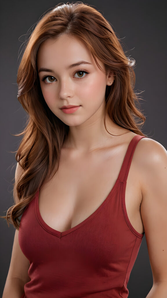 create me a portrait from a young busty Occident teen girl, straight soft detailed shoulder long jet light auburn hair, realistic detailed angelic round face, beautiful detailed eyes, brown iris, portrait shot, perfect curved body, ((low cut tight plain light red tank top with deep v-neck, open front)), perfect anatomy, side perspective, ((dark, plain backdrop))