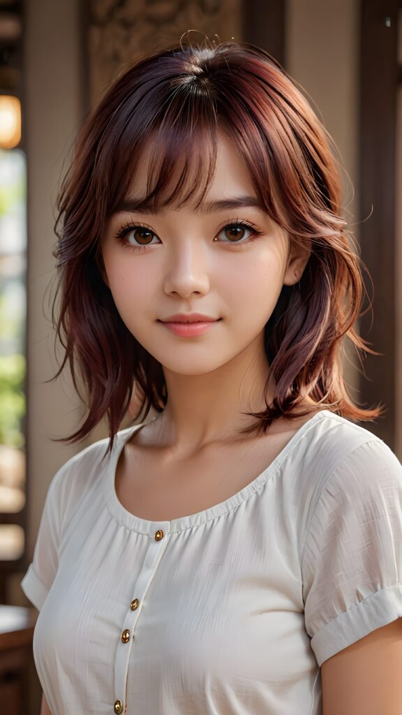 cute 16 years old teen girl, detailed hair, Korea styled bangs, white short shirt, perfect curved body, ultra realistic face, realistic amber eyes, detailed maroon straight hair, a stunning photo with beautiful saturation, ultra high resolution, deep shadow, (best quality, masterpiece), highly detailed, skinny, break depth of field, film grain, wrinkled skin, looking at viewer, warm smile, (upper body), masterpiece, ultra realistic,extremely detailed CG unity 8k wallpaper, best quality