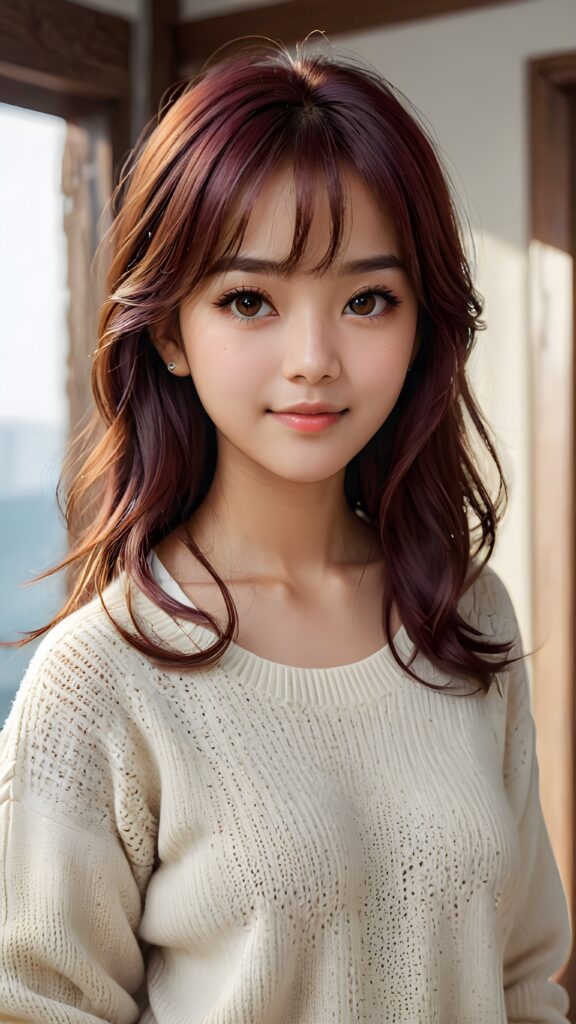 cute 16 years old Malaysian teen girl, detailed hair, Korea styled bangs, white short fine wool sweater, perfect curved body, ultra realistic face, realistic amber eyes, detailed maroon straight hair, a stunning photo with beautiful saturation, ultra high resolution, deep shadow, (best quality, masterpiece), highly detailed, depth of field, film grain, looking at viewer, warm smile, (upper body), masterpiece, ultra realistic, extremely detailed CG unity 8k wallpaper, best quality