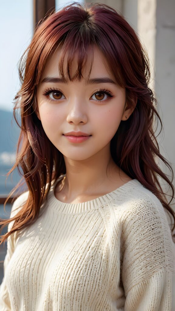 cute 16 years old Malaysian teen girl, detailed hair, Korea styled bangs, white short fine wool sweater, perfect curved body, ultra realistic face, realistic amber eyes, detailed maroon straight hair, a stunning photo with beautiful saturation, ultra high resolution, deep shadow, (best quality, masterpiece), highly detailed, depth of field, film grain, looking at viewer, warm smile, (upper body), masterpiece, ultra realistic, extremely detailed CG unity 8k wallpaper, best quality