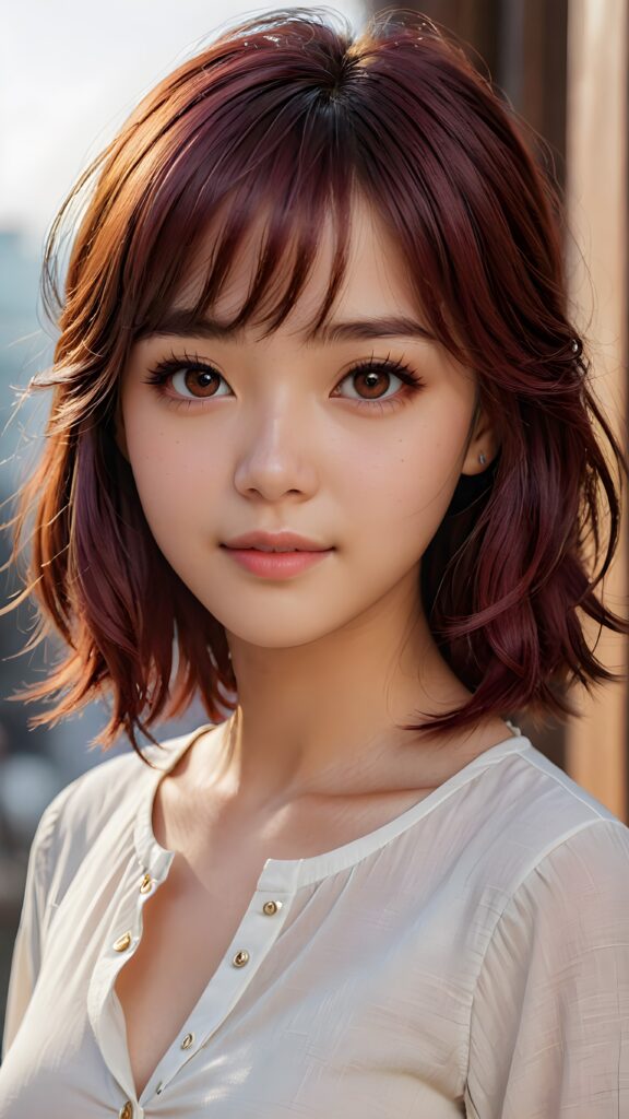 cute 16 years old teen girl, detailed hair, Korea styled bangs, white short shirt, perfect curved body, ultra realistic face, realistic amber eyes, detailed maroon straight hair, a stunning photo with beautiful saturation, ultra high resolution, deep shadow, (best quality, masterpiece), highly detailed, skinny, break depth of field, film grain, wrinkled skin, looking at viewer, warm smile, (upper body), masterpiece, ultra realistic,extremely detailed CG unity 8k wallpaper, best quality