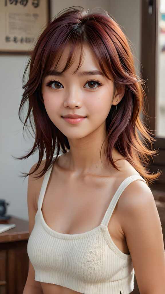 cute 16 years old Filipino teen girl, detailed hair, Korea styled bangs, white short cropped tank top made of soft wool, perfect curved body, ultra realistic face, realistic amber eyes, detailed maroon straight hair, a stunning photo with beautiful saturation, ultra high resolution, deep shadow, (best quality, masterpiece), highly detailed, depth of field, film grain, looking at viewer, warm smile, (upper body), masterpiece, ultra realistic, extremely detailed CG unity 8k wallpaper, best quality