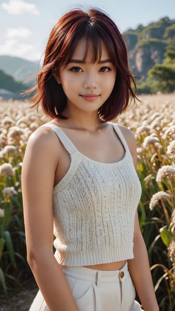 cute 16 years old Filipino teen girl, detailed hair, Korea styled bangs, white short cropped tank top made of soft wool, perfect curved body, ultra realistic face, realistic amber eyes, detailed maroon straight hair, a stunning photo with beautiful saturation, ultra high resolution, deep shadow, (best quality, masterpiece), highly detailed, depth of field, film grain, looking at viewer, warm smile, (upper body), masterpiece, ultra realistic, extremely detailed CG unity 8k wallpaper, best quality