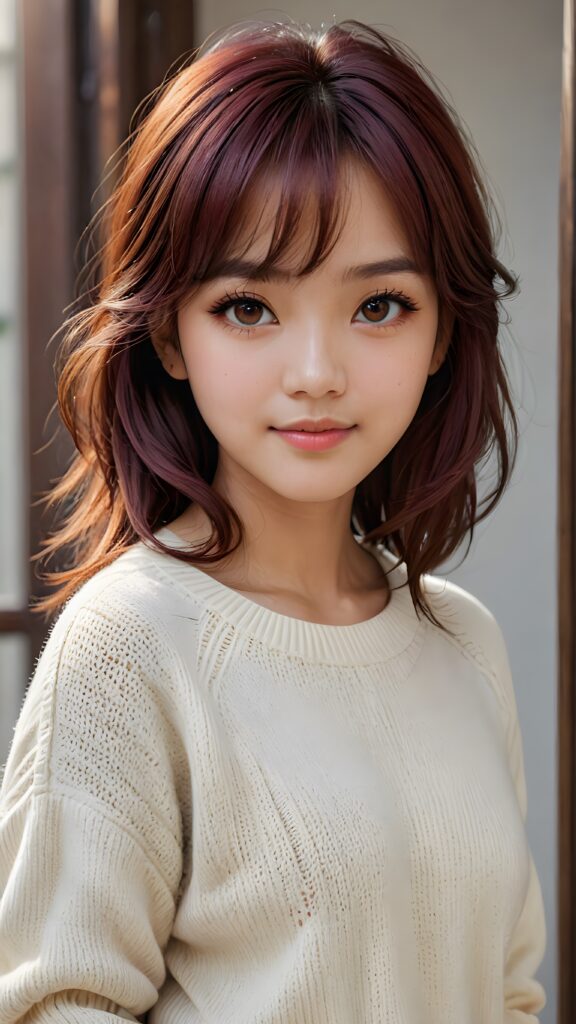 cute 16 years old Malaysian teen girl, detailed hair, Korea styled bangs, white short fine wool sweater, perfect curved body, ultra realistic face, realistic amber eyes, detailed maroon straight hair, a stunning photo with beautiful saturation, ultra high resolution, deep shadow, (best quality, masterpiece), highly detailed, depth of field, film grain, looking at viewer, warm smile, (upper body), masterpiece, ultra realistic, extremely detailed CG unity 8k wallpaper, best quality