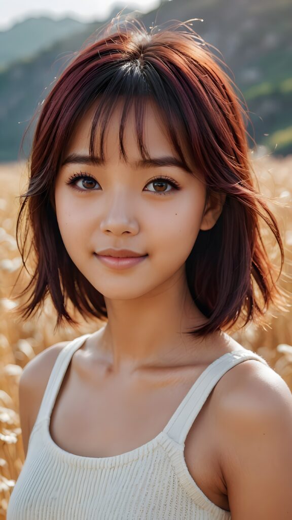 cute 16 years old Filipino teen girl, detailed hair, Korea styled bangs, white short cropped tank top made of soft wool, perfect curved body, ultra realistic face, realistic amber eyes, detailed maroon straight hair, a stunning photo with beautiful saturation, ultra high resolution, deep shadow, (best quality, masterpiece), highly detailed, depth of field, film grain, looking at viewer, warm smile, (upper body), masterpiece, ultra realistic, extremely detailed CG unity 8k wallpaper, best quality