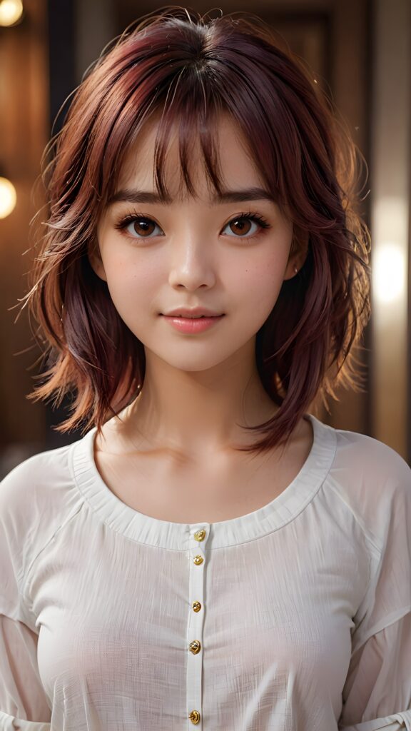 cute 16 years old teen girl, detailed hair, Korea styled bangs, white short shirt, perfect curved body, ultra realistic face, realistic amber eyes, detailed maroon straight hair, a stunning photo with beautiful saturation, ultra high resolution, deep shadow, (best quality, masterpiece), highly detailed, skinny, break depth of field, film grain, wrinkled skin, looking at viewer, warm smile, (upper body), masterpiece, ultra realistic,extremely detailed CG unity 8k wallpaper, best quality