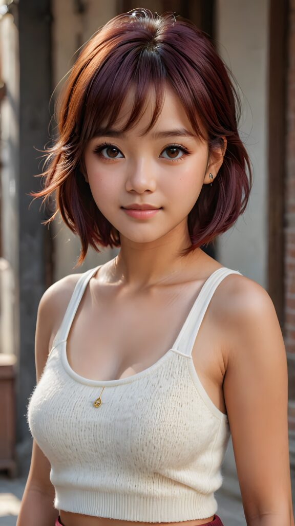 cute 16 years old Filipino teen girl, detailed hair, Korea styled bangs, white short cropped tank top made of soft wool, perfect curved body, ultra realistic face, realistic amber eyes, detailed maroon straight hair, a stunning photo with beautiful saturation, ultra high resolution, deep shadow, (best quality, masterpiece), highly detailed, depth of field, film grain, looking at viewer, warm smile, (upper body), masterpiece, ultra realistic, extremely detailed CG unity 8k wallpaper, best quality