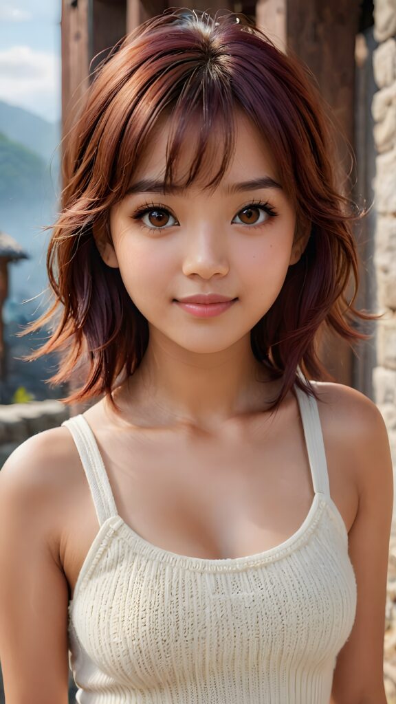 cute 16 years old Filipino teen girl, detailed hair, Korea styled bangs, white short cropped tank top made of soft wool, perfect curved body, ultra realistic face, realistic amber eyes, detailed maroon straight hair, a stunning photo with beautiful saturation, ultra high resolution, deep shadow, (best quality, masterpiece), highly detailed, depth of field, film grain, looking at viewer, warm smile, (upper body), masterpiece, ultra realistic, extremely detailed CG unity 8k wallpaper, best quality