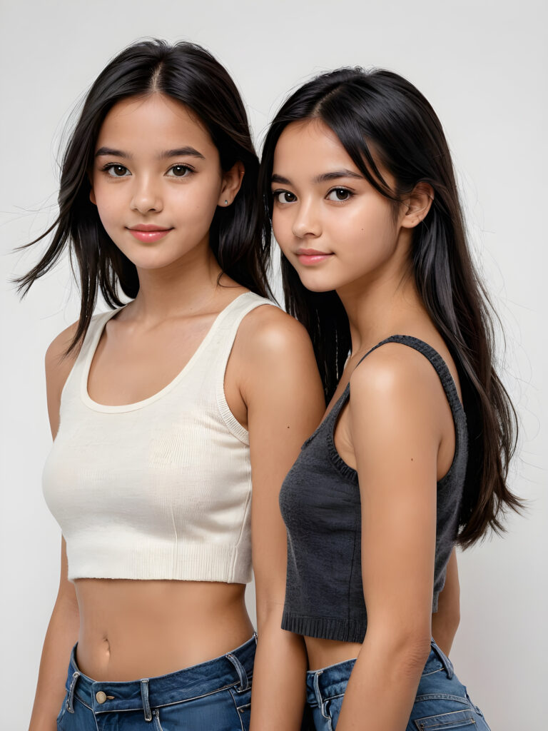 ((cute)) ((female model)) ((stunning)) ((portrait shot)) very pretty young brown-skinned twin girls, 14 years old, wears a short crop tank top made with fine wool, long soft straight black hair