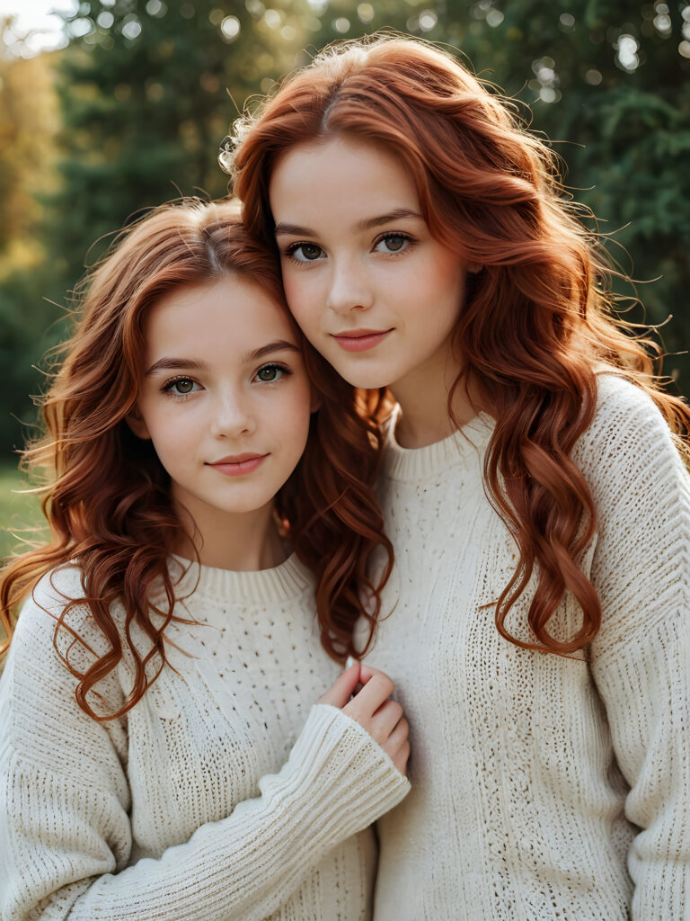 ((cute)) ((female model)) ((stunning)) ((portrait shot)) two very pretty young teen twin girls, 14 years old, wears a short sweater made with fine wool, long soft wavy red hair