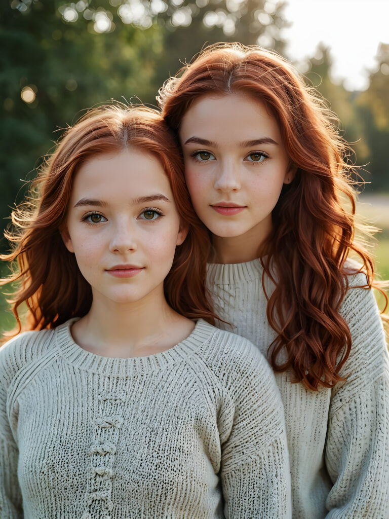 ((cute)) ((female model)) ((stunning)) ((portrait shot)) two very pretty young teen twin girls, 14 years old, wears a short sweater made with fine wool, long soft wavy red hair