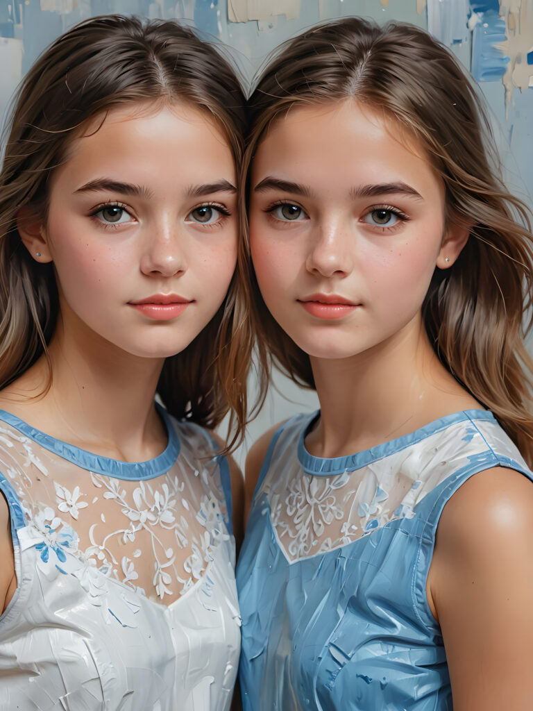 ((cute)) ((female model)) ((stunning)) ((portrait shot)) two very pretty young twin teen girls, 15 years old