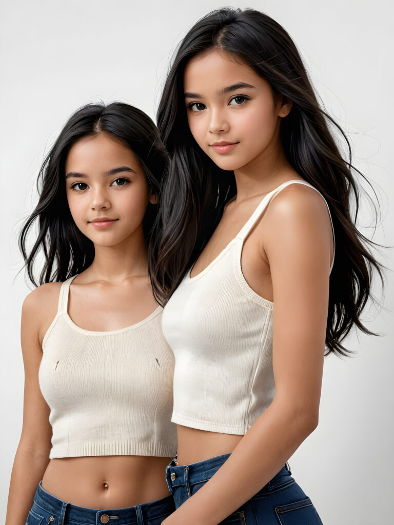 ((cute)) ((female model)) ((stunning)) ((portrait shot)) very pretty young brown-skinned twin girls, 14 years old, wears a short crop tank top made with fine wool, long soft straight black hair